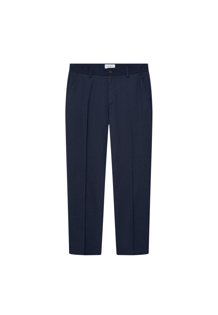 Marineblaue Hose aus glattem Stoff mit geradem Bein, Vorderentaschen und einem Knopfverschluss an der Taille.
