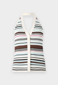 Gestreifter, gerippter Tanktop mit V-Ausschnitt, der blaue, rosa, braune und schwarze Linien aufweist; cremefarbige Kanten und fünf weiße Knöpfe an der Vorderseite.