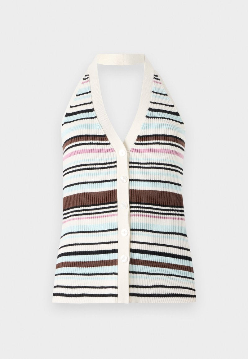 Gestreifter, gerippter Tanktop mit V-Ausschnitt, der blaue, rosa, braune und schwarze Linien aufweist; cremefarbige Kanten und fünf weiße Knöpfe an der Vorderseite.