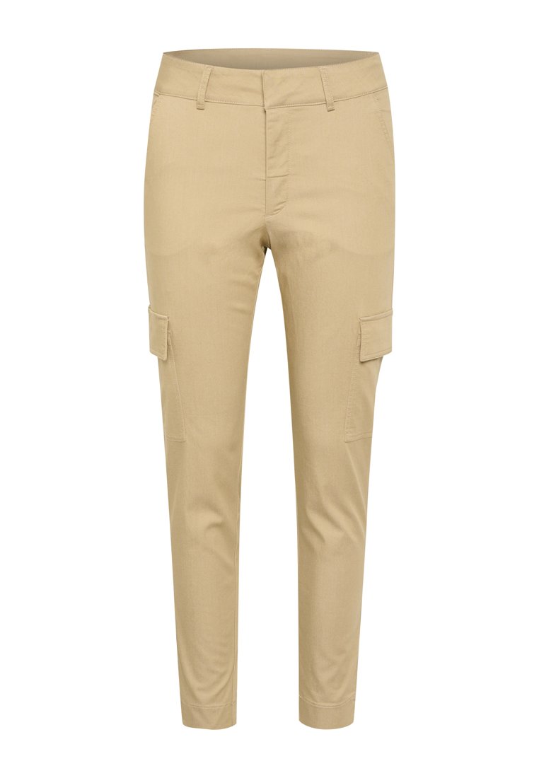 Beige Cargo-Hosen mit schlanker Passform, ausgestattet mit Seitentaschen, Gürtelschlaufen und einem glatten, leichten Stoff. Maßgeschneiderter Saum für einen sauberen Abschluss.