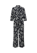 Marine-blumiges Jumpsuit mit Kragen, Knopfleiste, 3/4-Ärmeln und tailliertem Gürtel; mit weißen Blumenmustern durchzogen.