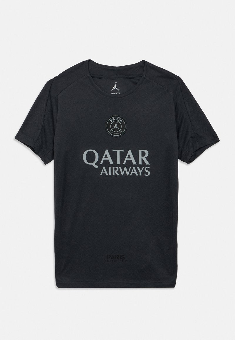 Schwarzes Paris-Saint-Germain-Sport-Shirt mit Jordan-Logo und "Qatar Airways"-Sponsorenaufdruck auf der Vorderseite.