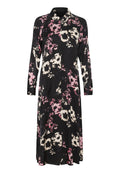 Blumenkleid in Schwarz mit rosa und cremefarbenen Blumen, langen Ärmeln, Kragen und vorderem Knopfverschluss. Glattes Material mit fließendem Design.