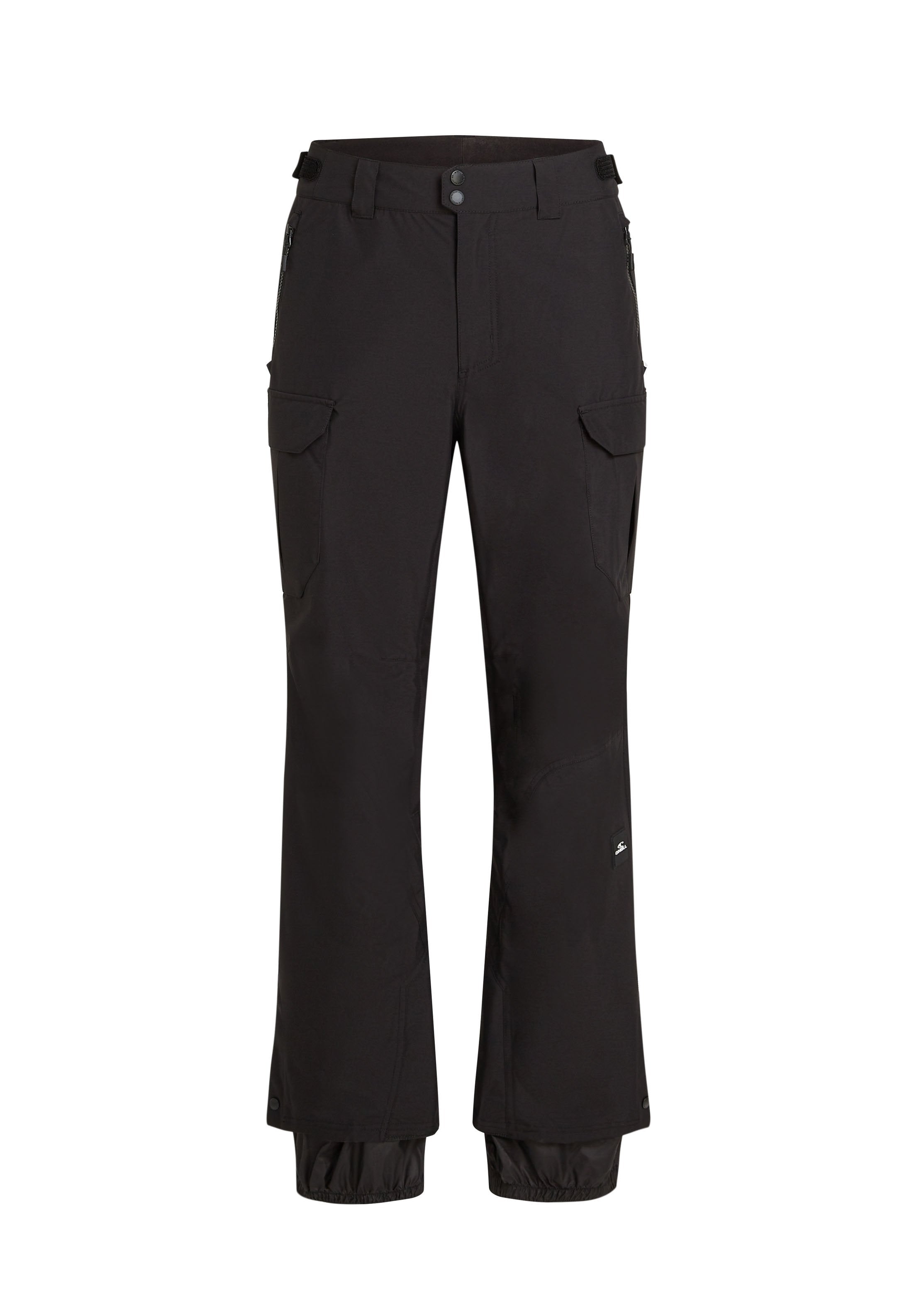 Schwarze Cargo-Hosen aus strapazierfähigem Material, mit mehreren Taschen, geradem Schnitt, verstellbarem Bund und elastischen Bündchen an den Knöcheln.