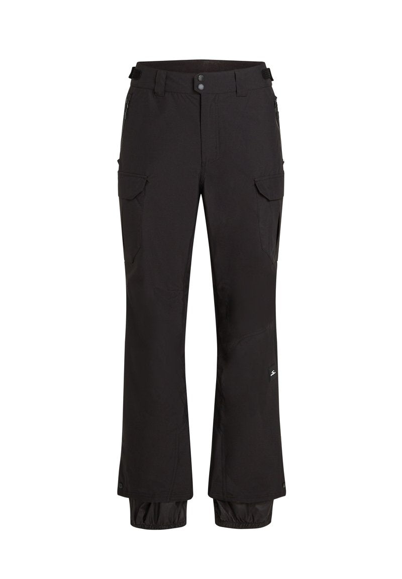 Schwarze Cargo-Hosen aus strapazierfähigem Material, mit mehreren Taschen, geradem Schnitt, verstellbarem Bund und elastischen Bündchen an den Knöcheln.