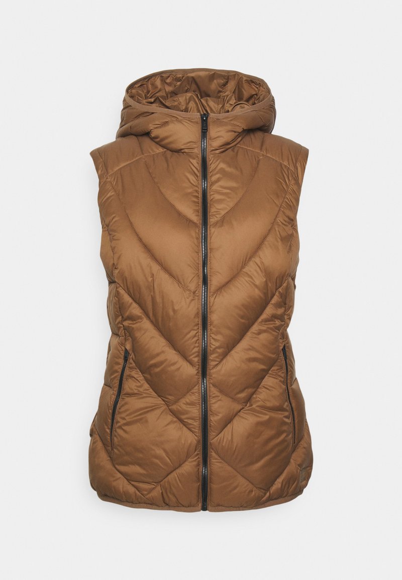 Braune Pufferweste mit Kapuze, die ein Chevron-Diamantmuster aufweist, einen Reißverschluss vorne und zwei seitliche Taschen hat. Glatte, glänzende Textur.