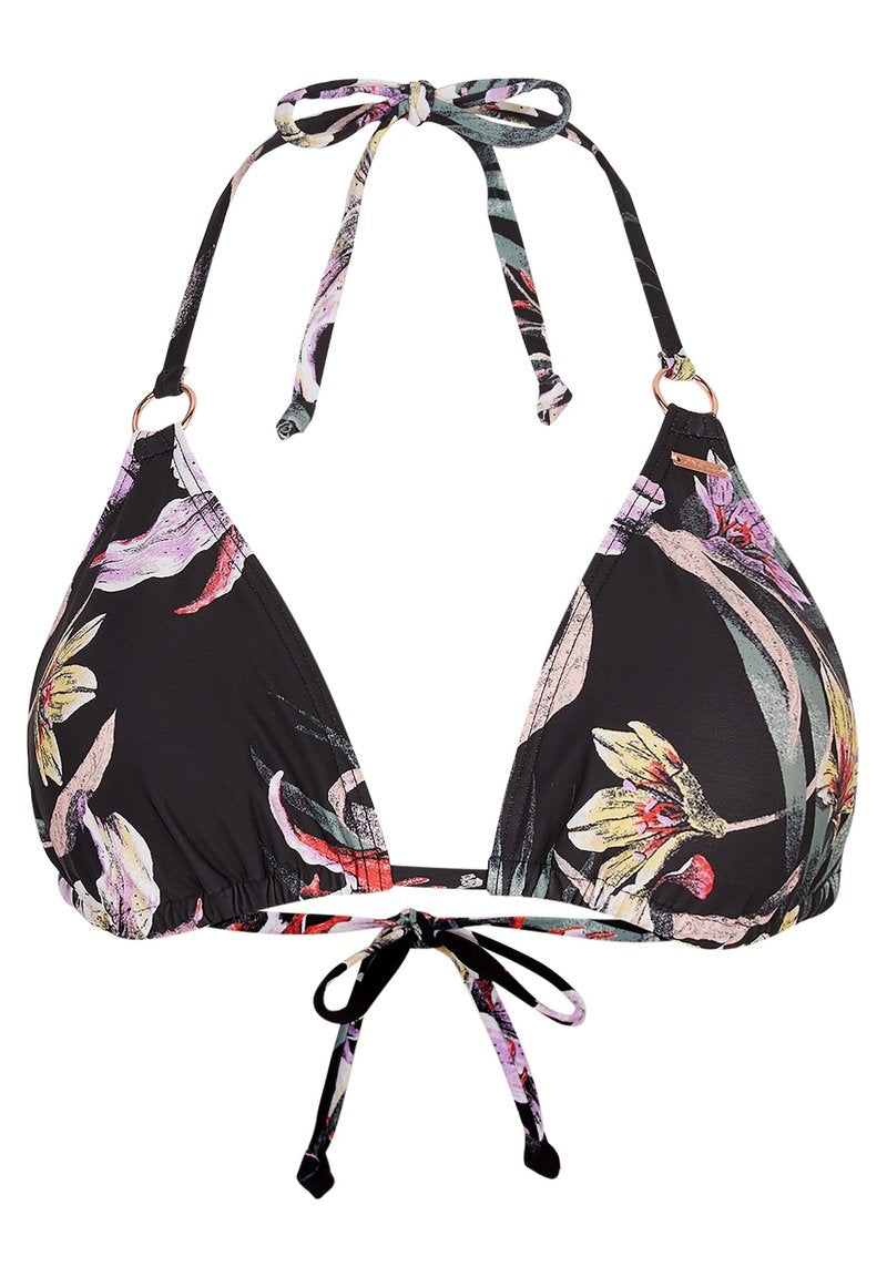 Schwarzes Bikini-Oberteil mit floralen Mustern in Pink und Grün, mit verstellbaren Bändern am Hals und Rücken und kleinen Metallelementen.