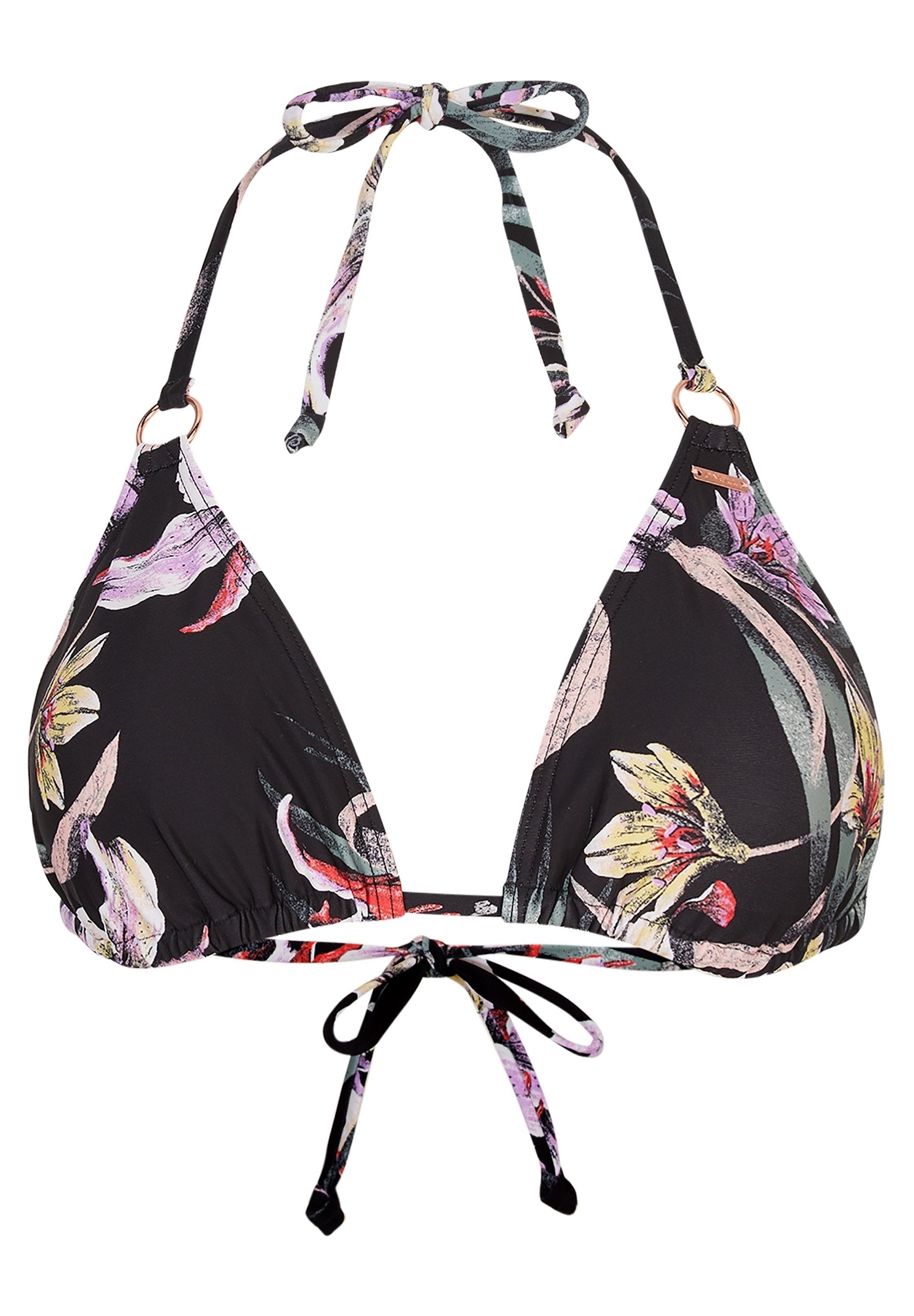 Schwarzes Bikini-Oberteil mit floralen Mustern in Pink und Grün, mit verstellbaren Bändern am Hals und Rücken und kleinen Metallelementen.