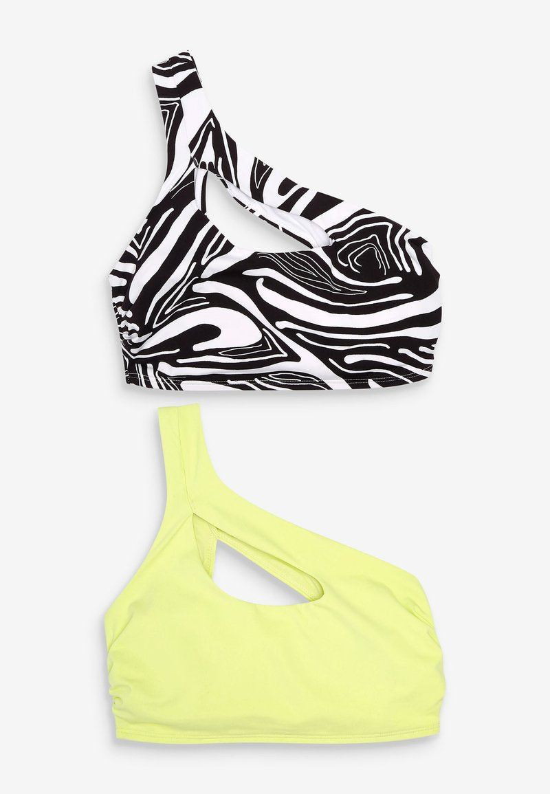 Zwei Badeoberteile: eines mit einem schwarz-weißen abstrakten Muster, das andere in leuchtendem Neon-Gelb. Beide haben asymmetrische Designs und Ausschnittdetails.
