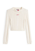 Cremfarbener, taillierter Pullover mit Kabelmuster, gerippten Bündchen und Halsabschluss. Rotes "Tommy Jeans"-Logo auf der Vorderseite. Weicher, strukturierter Stoff.