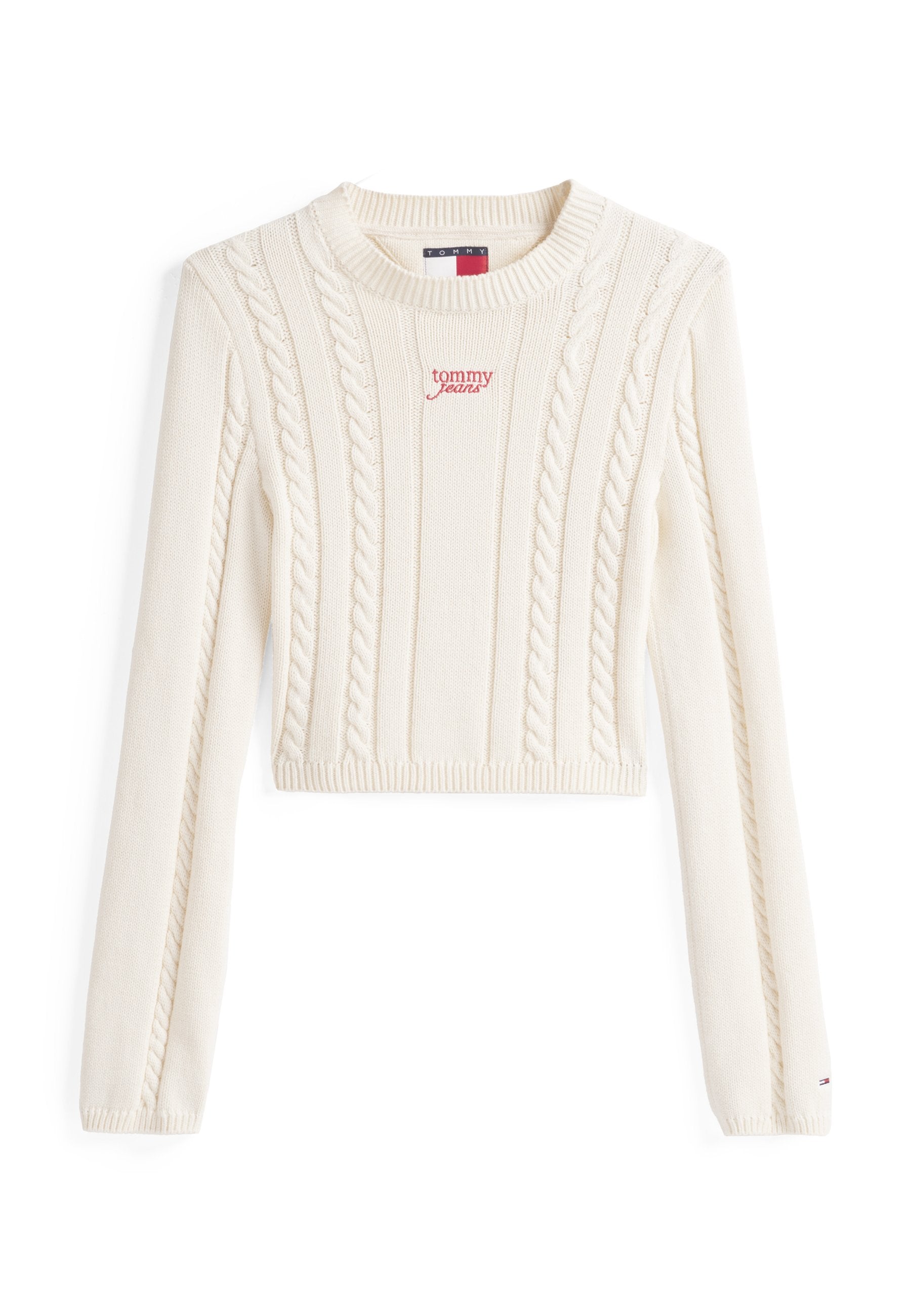 Cremfarbener, taillierter Pullover mit Kabelmuster, gerippten Bündchen und Halsabschluss. Rotes "Tommy Jeans"-Logo auf der Vorderseite. Weicher, strukturierter Stoff.