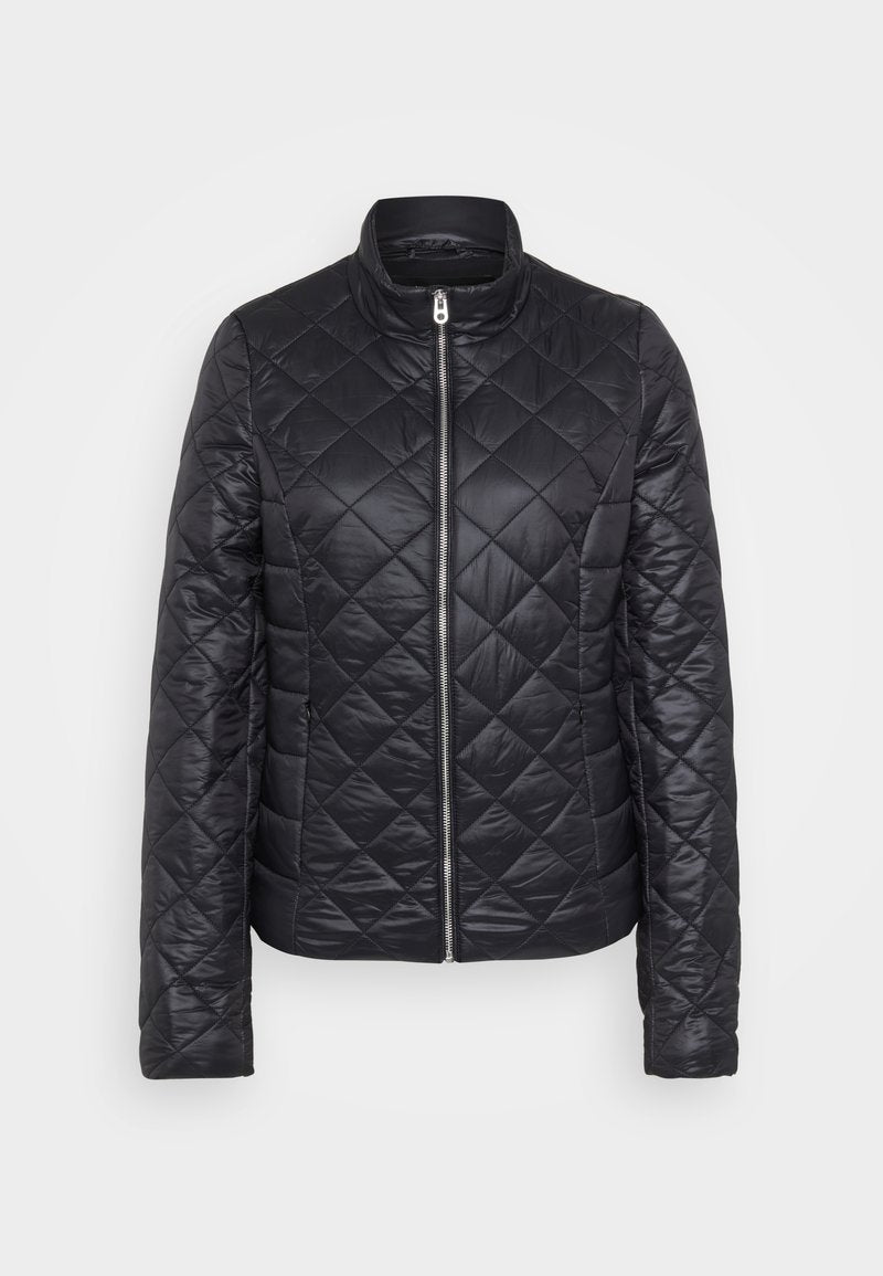 Gepolsterte schwarze Steppjacke mit Stehkragen, durchgehendem Reißverschluss und strukturiertem Rautenmuster. Verfügt über lange Ärmel und ein leichtes Material.