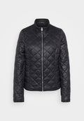 Gepolsterte schwarze Steppjacke mit Stehkragen, durchgehendem Reißverschluss und strukturiertem Rautenmuster. Verfügt über lange Ärmel und ein leichtes Material.