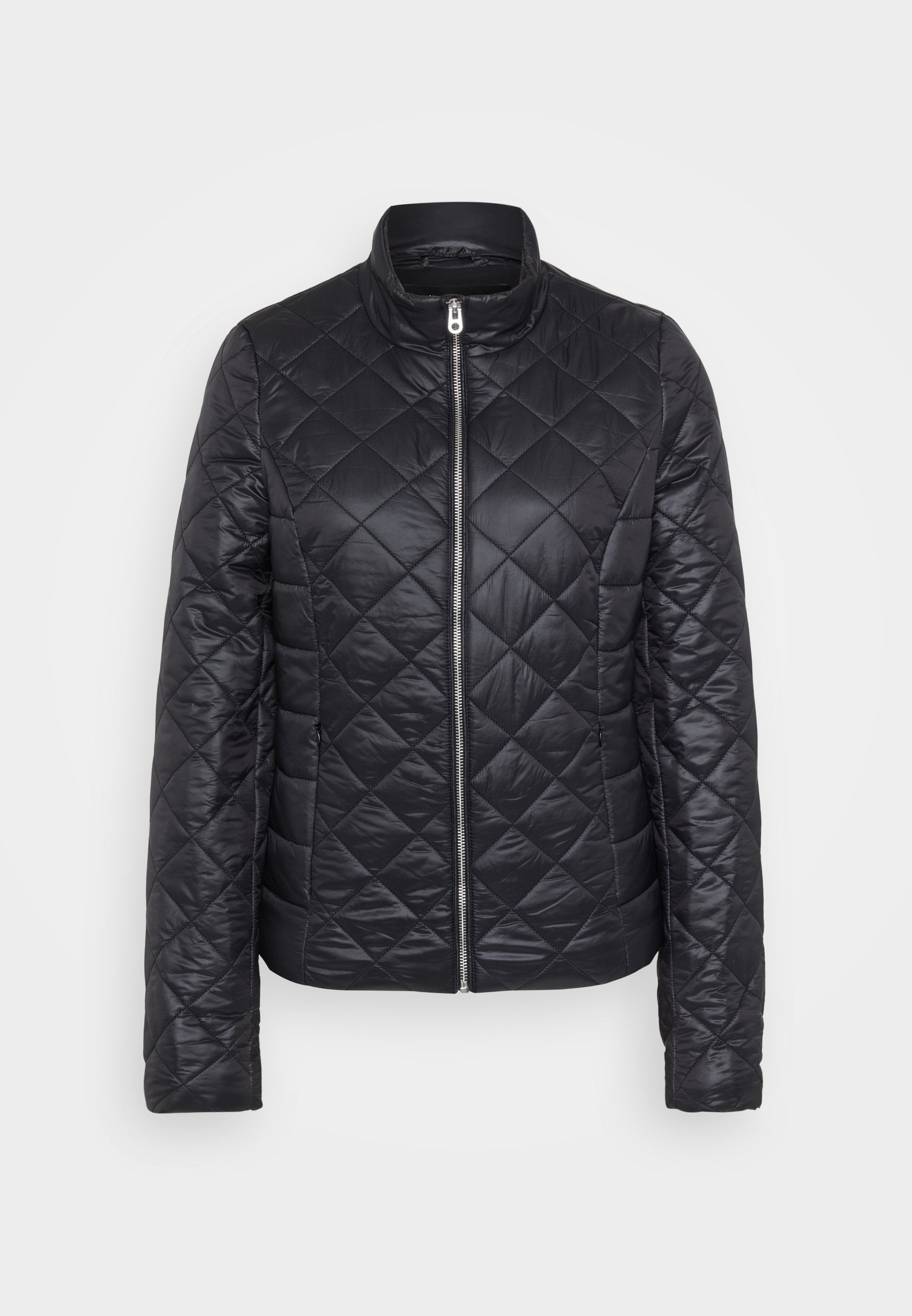 Gepolsterte schwarze Steppjacke mit Stehkragen, durchgehendem Reißverschluss und strukturiertem Rautenmuster. Verfügt über lange Ärmel und ein leichtes Material.