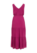 Magenta gestuftes Maxikleid mit V-Ausschnitt, aus strukturiertem Stoff, mit elastischem Bund und fließenden Rockteilen.