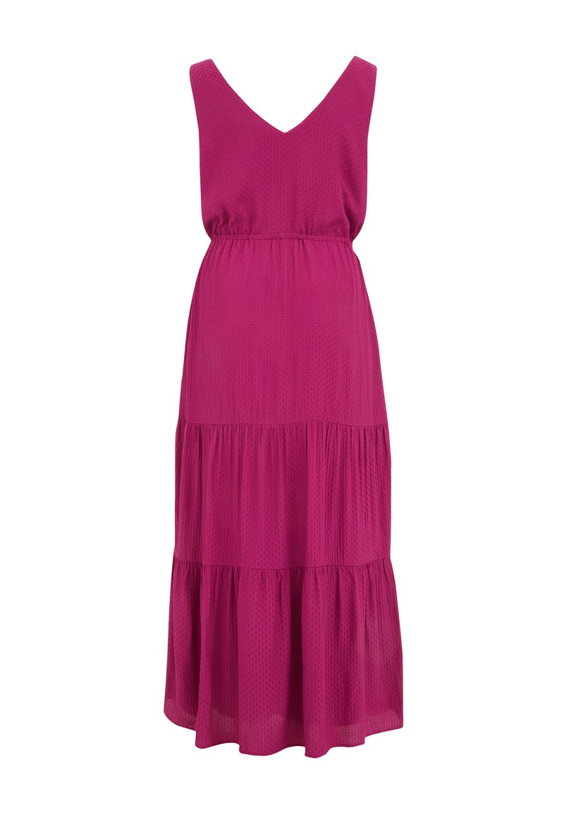 Magenta gestuftes Maxikleid mit V-Ausschnitt, aus strukturiertem Stoff, mit elastischem Bund und fließenden Rockteilen.