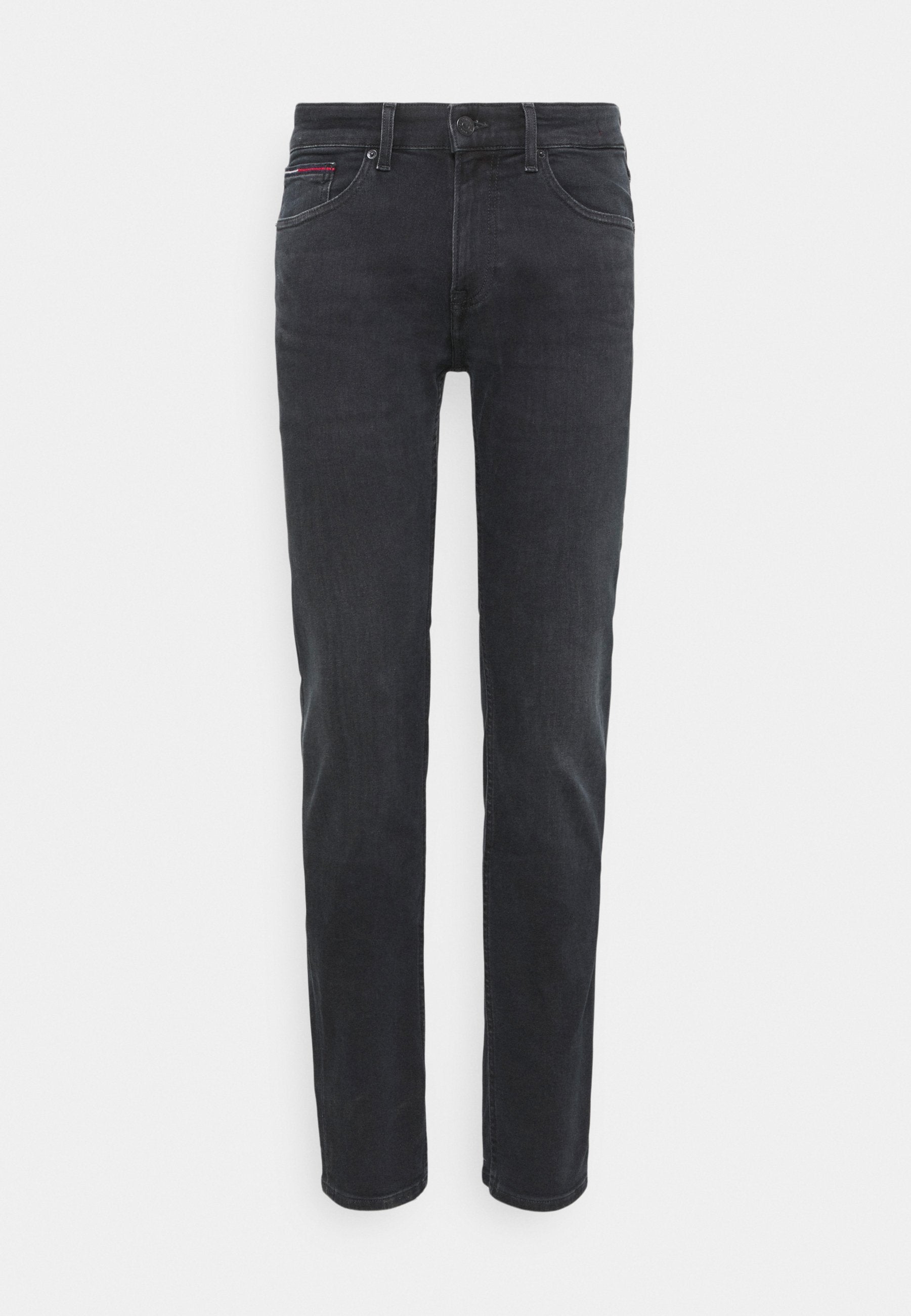 Schwarze Jeans aus Denim mit geradem Schnitt, Fünf-Taschen-Design und sichtbarem Knopfverschluss. Mit dezenten roten und blauen Stickdetails.