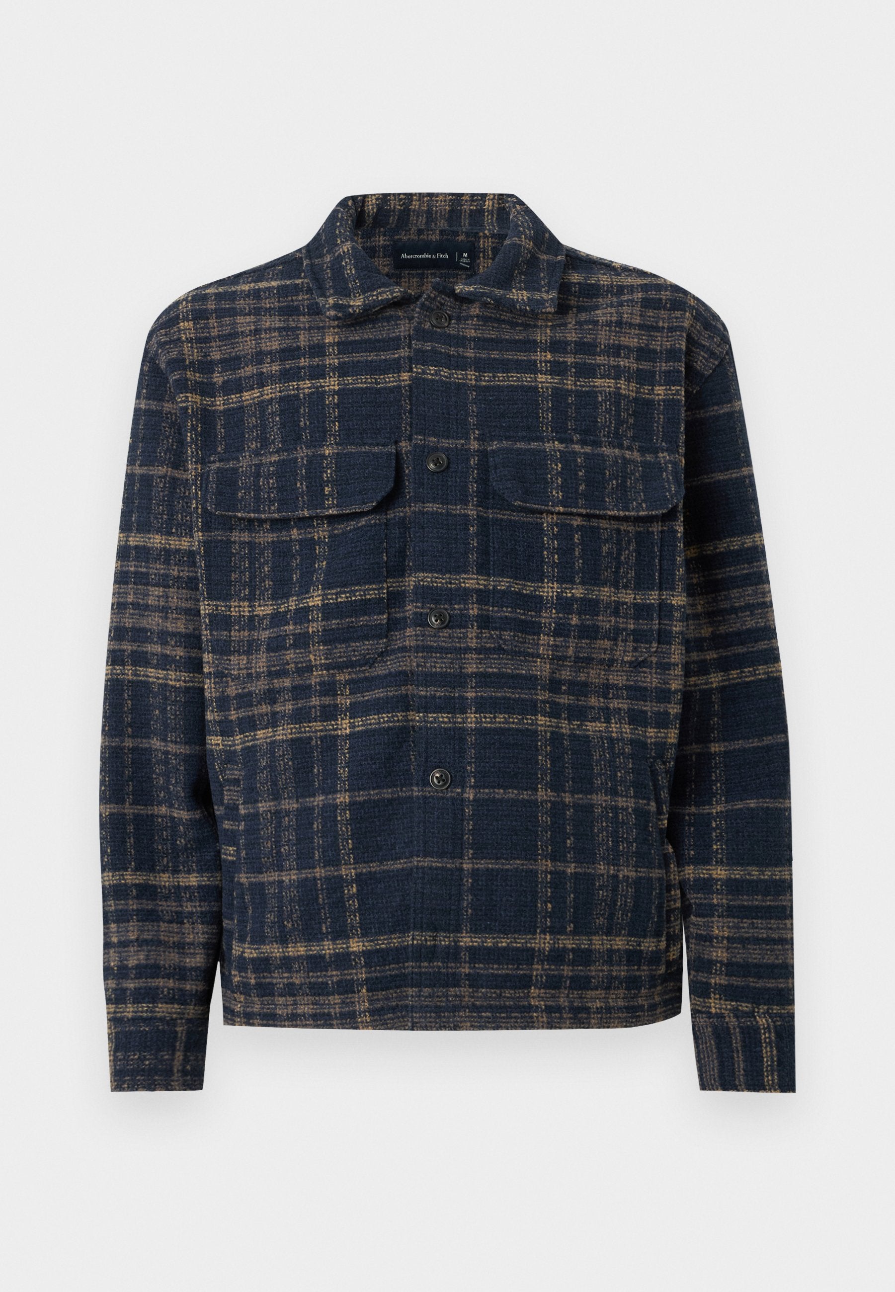 Marineblaue und braune karierte Hemdjacke mit Knopfleiste, zwei Brustklappentaschen, klassischem Kragen, langen Ärmeln und geradem Saum.