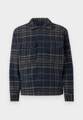 Marineblaue und braune karierte Hemdjacke mit Knopfleiste, zwei Brustklappentaschen, klassischem Kragen, langen Ärmeln und geradem Saum.