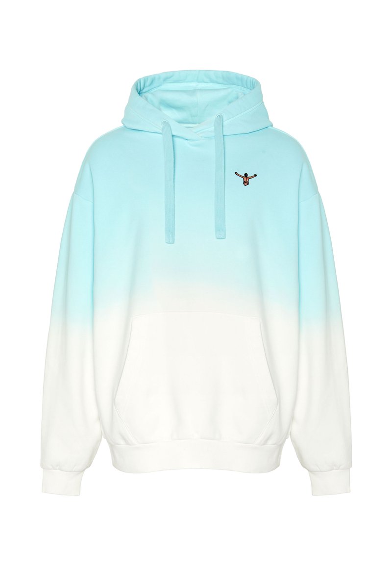 Hellblauer bis weißer Ombre-Hoodie mit Fronttasche, Kordelzug und einem kleinen Taucher-Patch auf der oberen linken Brust.