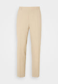 Beige maßgeschneiderte Hosen mit geradem Bein, aus leichtem Stoff, mit zwei vorderen Taschen und ordentlich gebügelten Falten.