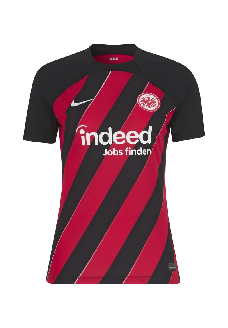 Rot-schwarz gestreiftes Fußballtrikot mit kurzen Ärmeln, rundem Hals, Nike-Logo, Sponsorlogo und Adlerwappen auf der Brust.