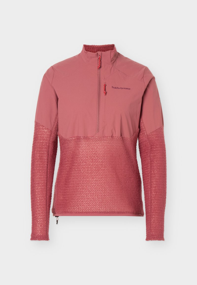 Weich strukturierter Langarmpullover in staubigem Rosé mit Halbreißverschluss, hohem Kragen, Brusttasche und kontrastierendem glattem Stoff an Schultern und oberer Brust.