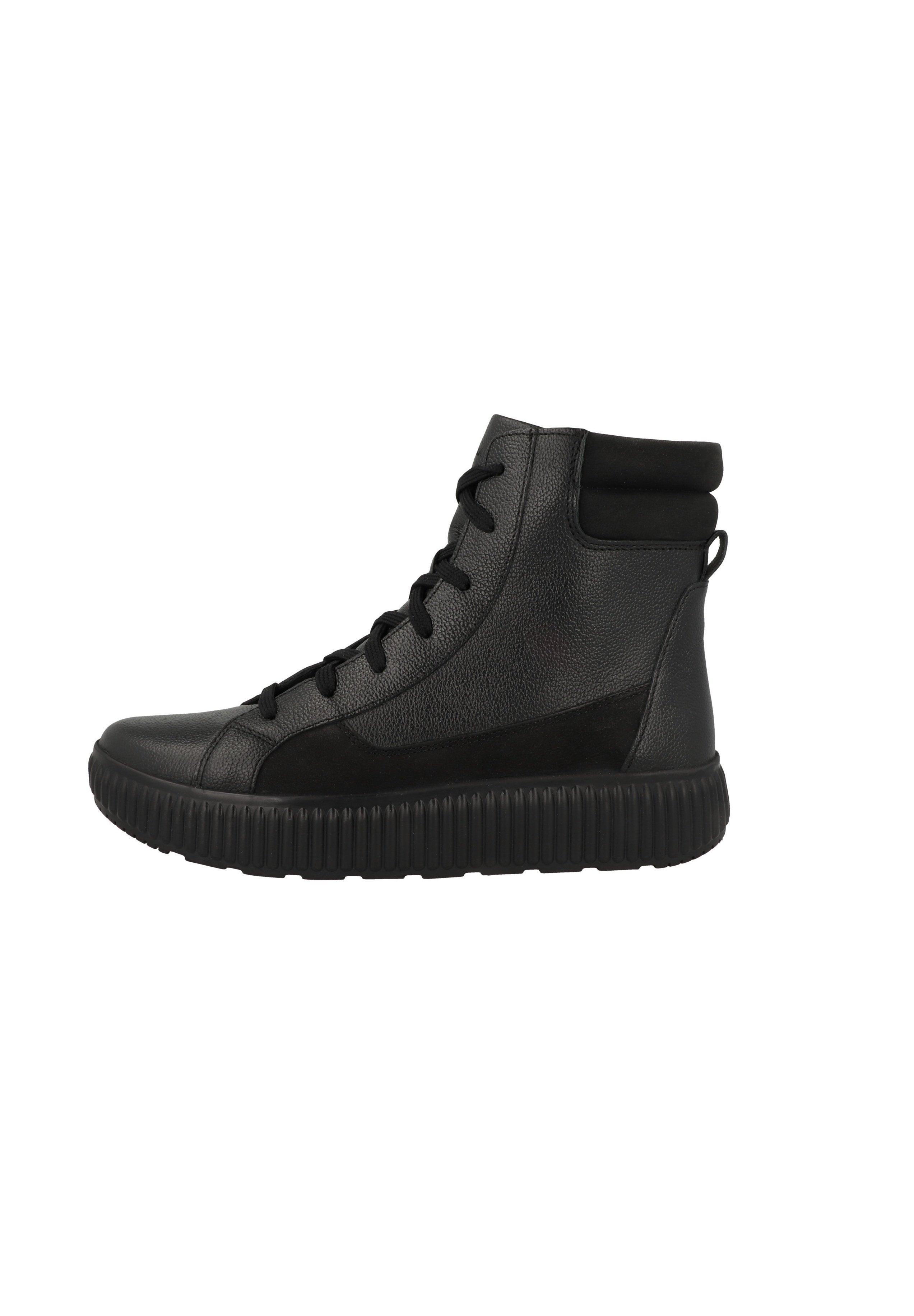 Schwarze High-Top-Sneaker aus strukturiertem Leder und Wildleder mit gummierter Sohle, runder Spitze und Schnürdesign mit gepolstertem Schaftrand.