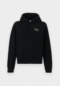 Schwarzer Kapuzenpullover mit langen Ärmeln und kleinem weißen "A&F"-Logo, das auf der Brust gestickt ist, vor einem schlichten weißen Hintergrund dargestellt.