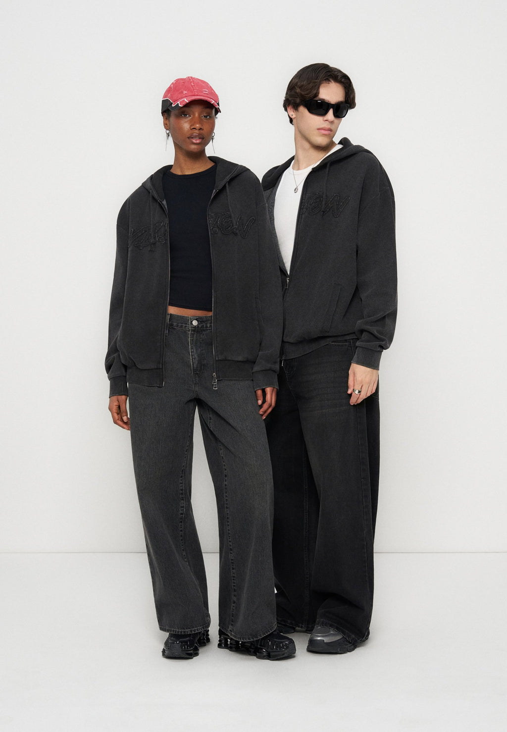 YOURTURN WAFFLE BOXY FIT ZIP-UP HOODIE