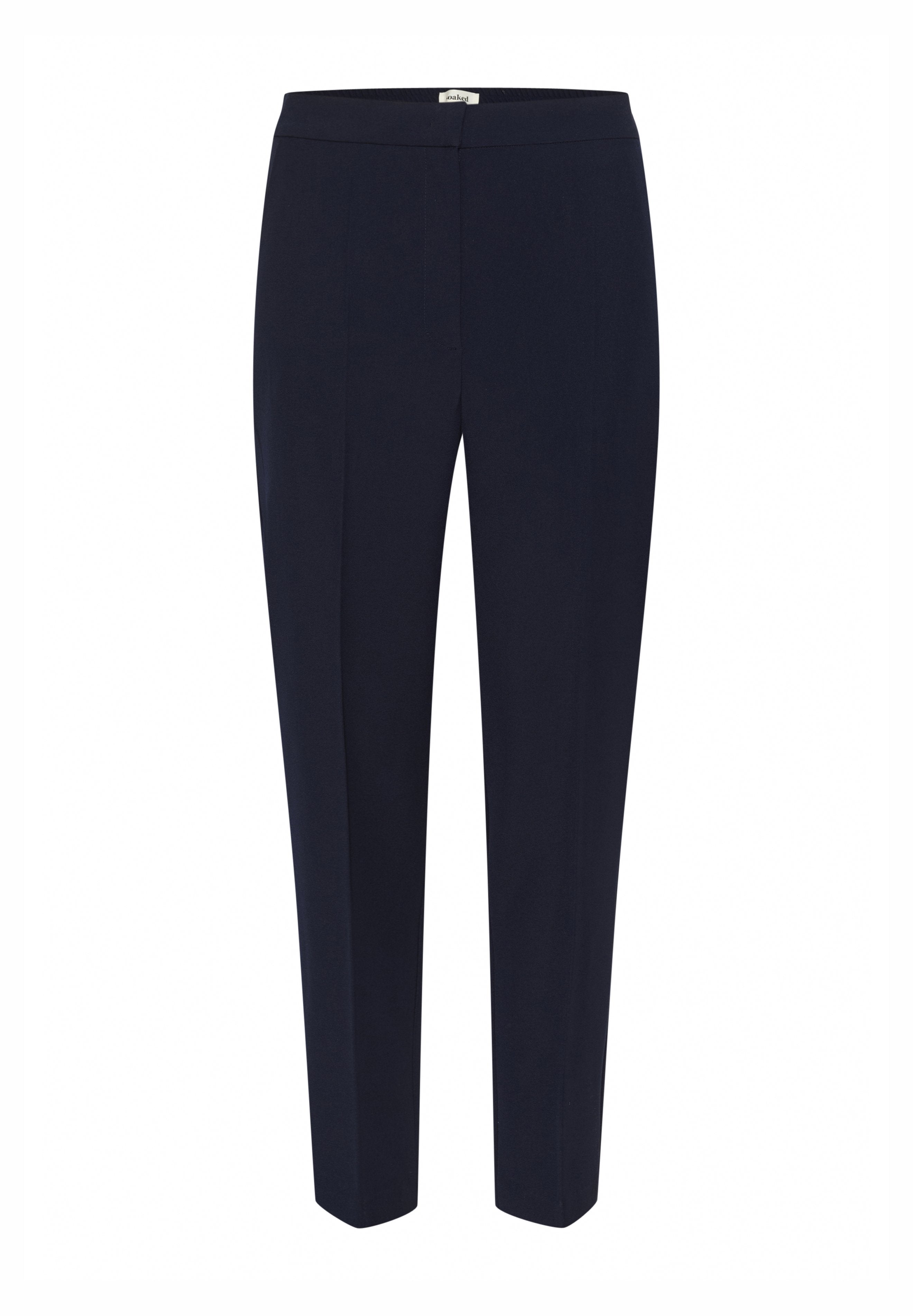 Marineblaue, maßgeschneiderte Hose aus glattem Stoff. Mit flachem Bund, elastischem Gummibund und schmal zulaufendem Bein. Klassisch und vielseitig.