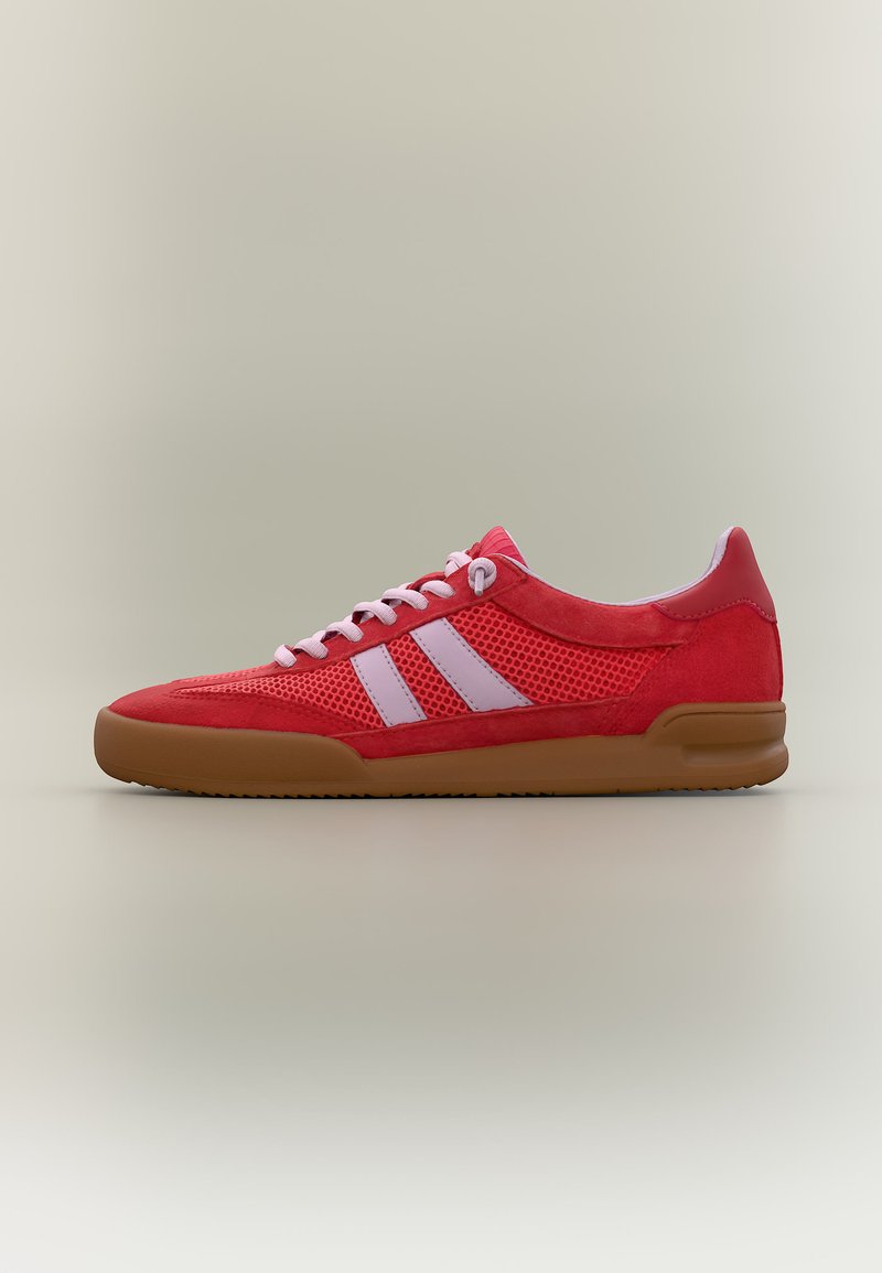 Roter Sneaker mit niedrigem Schaft, pinkfarbenen Mesh-Seitenteilen, weißen Streifen, pinkfarbenen Schnürsenkeln und brauner Gummisohle auf neutralem Hintergrund.