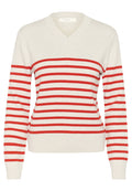 V-Ausschnitt Pullover aus weichem Stoff, mit horizontalen rot-weißen Streifen, tailliertem Schnitt sowie gerippten Bündchen und Saum.
