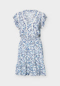 DKNY FLUTTER SLEEVE SMOCKED WAIST V NECK DRESS INSETS