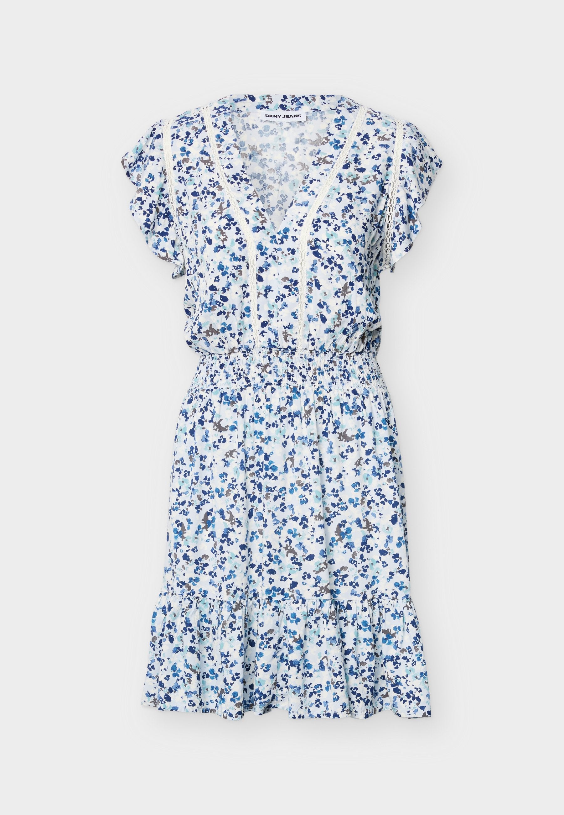 DKNY FLUTTER SLEEVE SMOCKED WAIST V NECK DRESS INSETS