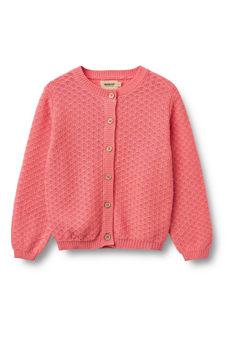 Rosa gestrickte Strickjacke mit strukturiertem Muster, Rundhalsausschnitt und fünf hellbraunen Knöpfen vorne, mit gerippten Bündchen und Saum.