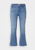 Helle blaue, ausgestellte Jeans mit einem ausgeblasten Finish. Verfügt über kleinere Distressed-Bereiche, ein Fünf-Taschen-Design und einen Knopfverschluss. Aus Baumwollmaterial.