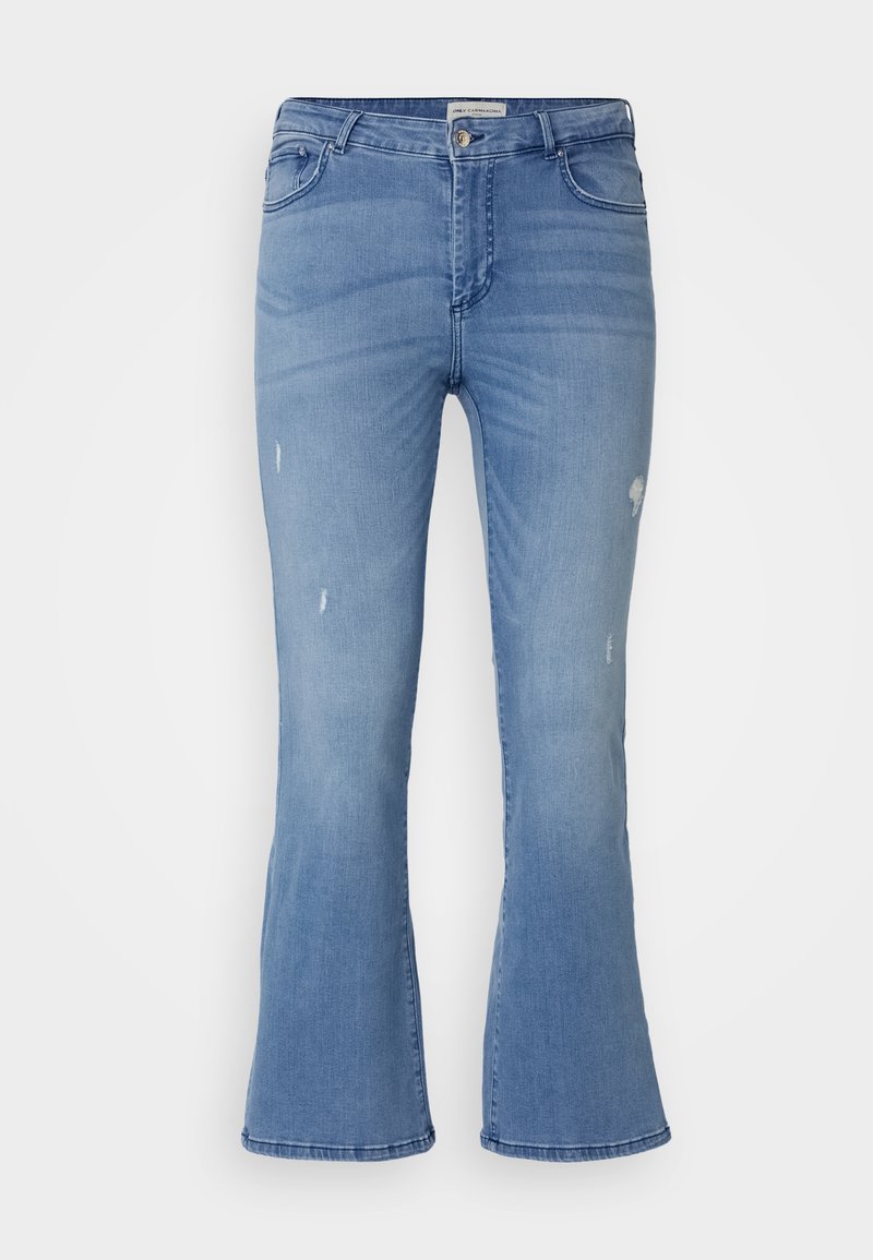 Helle blaue, ausgestellte Jeans mit einem ausgeblasten Finish. Verfügt über kleinere Distressed-Bereiche, ein Fünf-Taschen-Design und einen Knopfverschluss. Aus Baumwollmaterial.