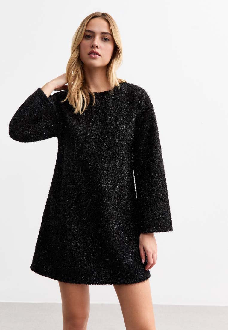New Look BLACK BOW BACK TINSEL LONG SLEEVE MINI