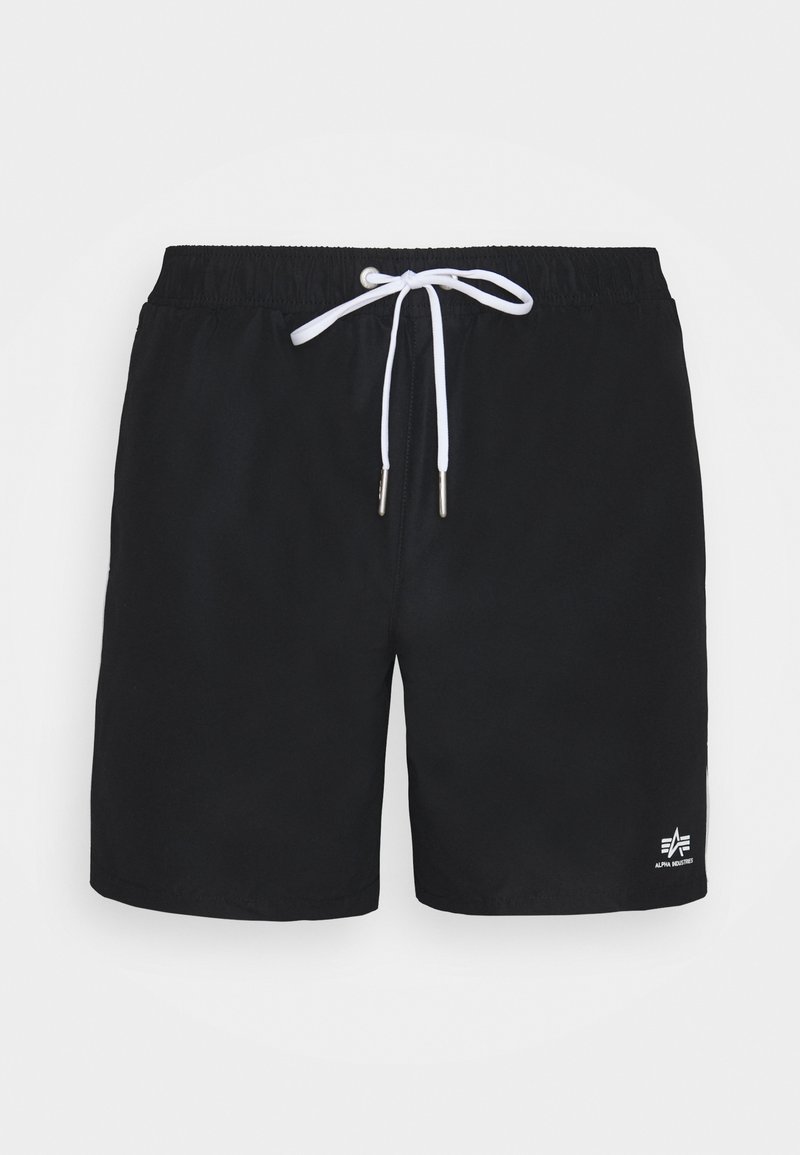 Schwarze Schwimmshorts für Herren mit weißem Kordelzug und kleinem weißem Alpha Industries Logo am linken Bein.