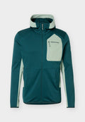 Dunkelgrüne Zip-up-Jacke mit hellgrünem Kapuzenfutter, seitlichen Einsätzen und Brusttasche mit "Peak Performance"-Logo.