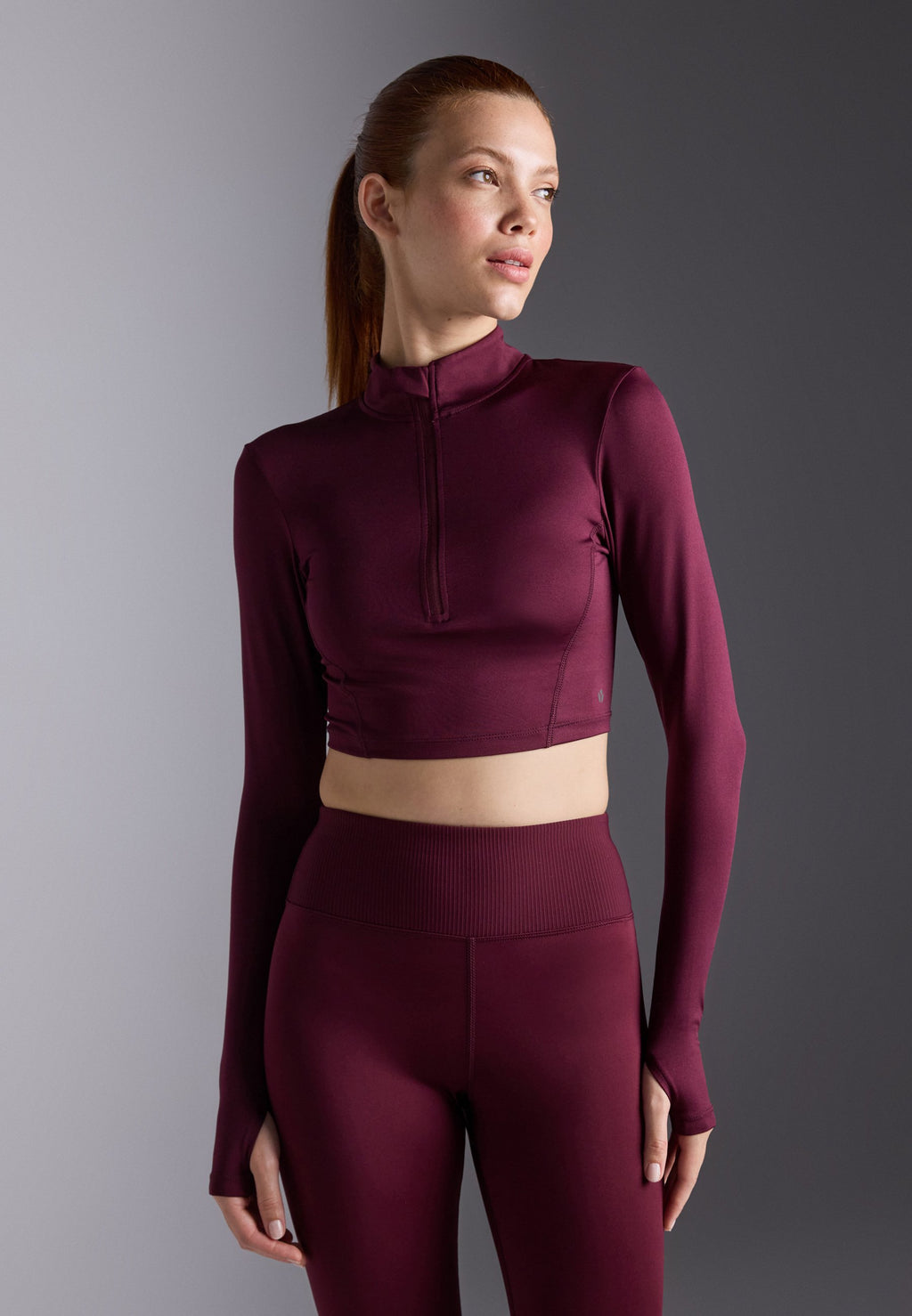 Even&Odd active CROPPED HIGH NECK LONG SLEEVE TOP WITH 1/2 ZIP &THUMB HOLES