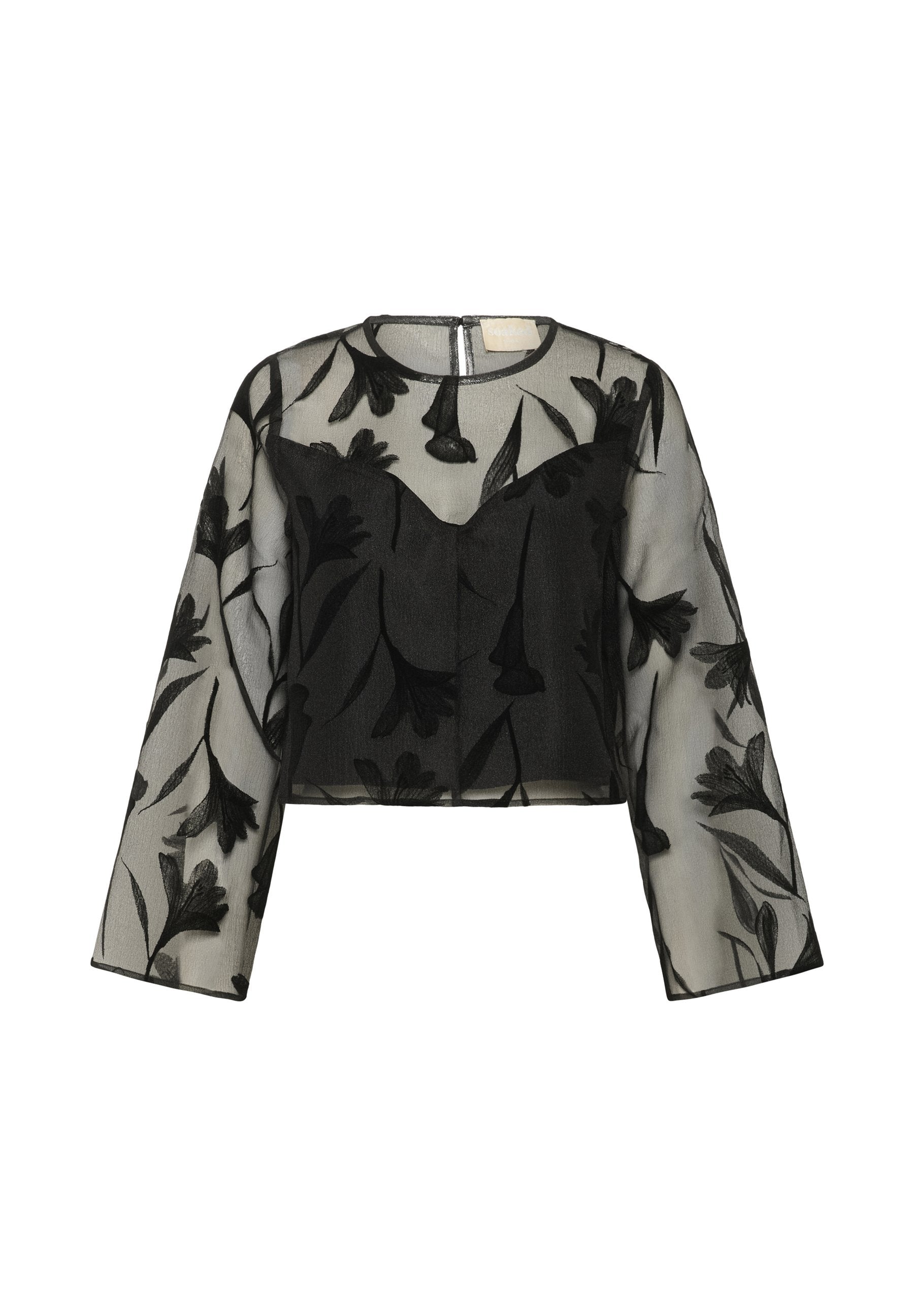 Schwarzes, durchsichtiges Crop-Top mit langen Ärmeln, floralem Samtflockdruck und rundem Ausschnitt, mit einem enganliegenden, schwarzen Innenoberteil.