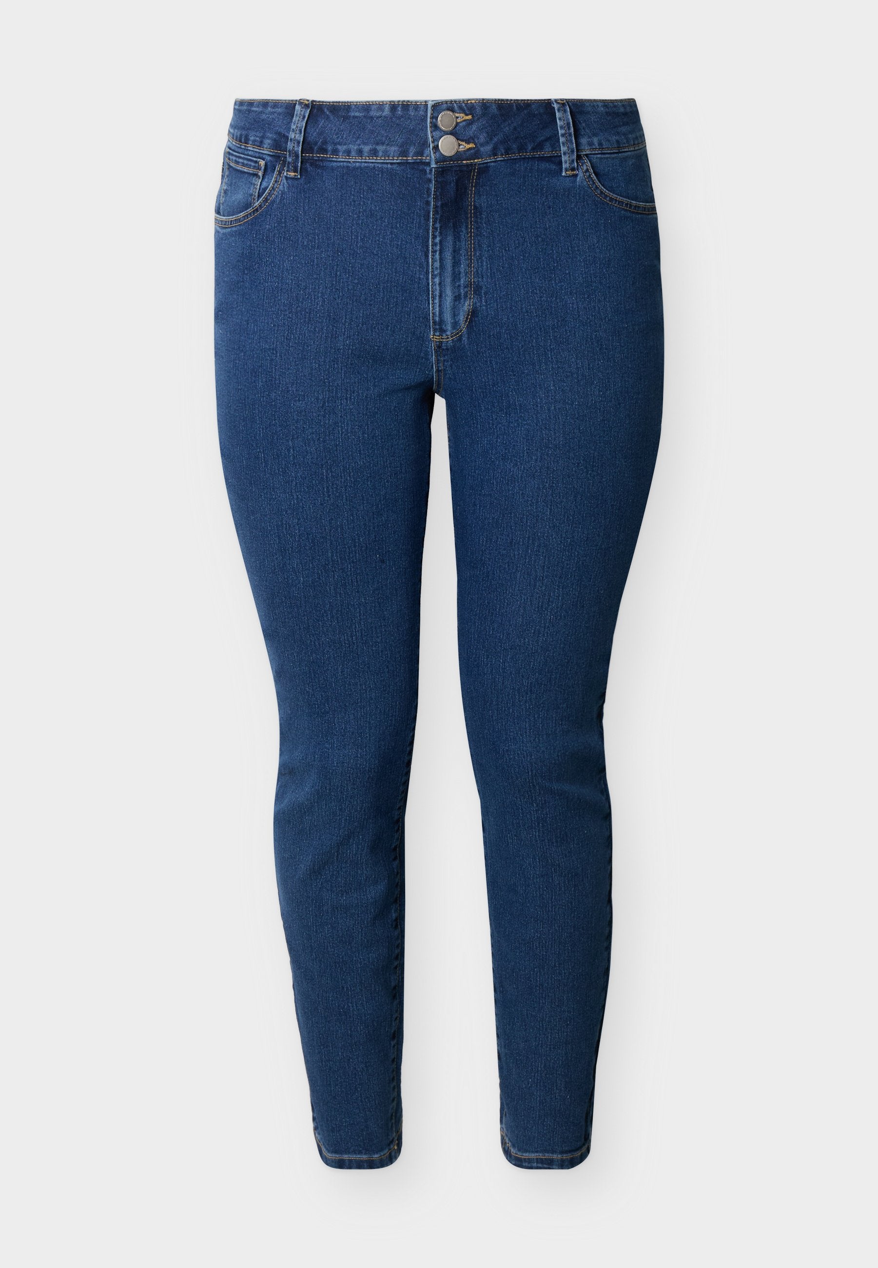 Blaue Skinny-Jeans mit hoher Taille, zwei vorderen Knöpfen, vorderen Taschen und Gürtelschlaufen, präsentiert vor einem einfarbigen hellen Hintergrund.