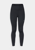 Schwarze Leggings aus elastischem Stoff mit hohem Bund. Verfügt über flache Nähte und ein kleines weißes Logo an der unteren linken Seite.