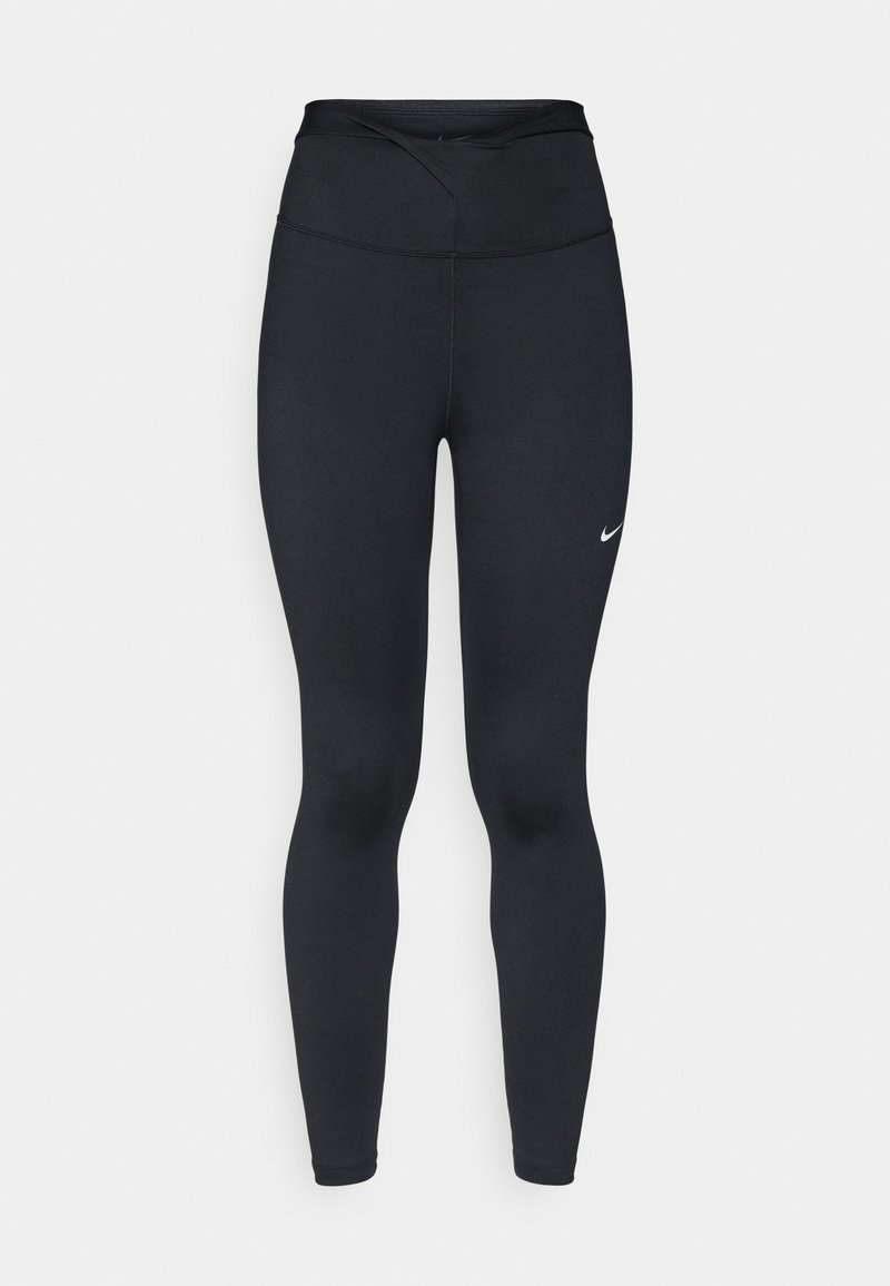 Schwarze Leggings aus elastischem Stoff mit hohem Bund. Verfügt über flache Nähte und ein kleines weißes Logo an der unteren linken Seite.