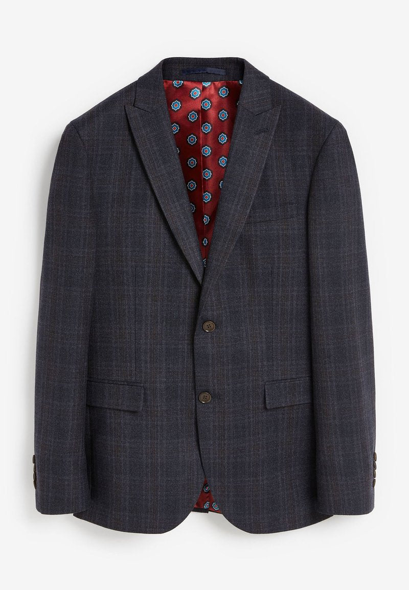 Dunkelgrauer Blazer mit kariertem Muster, ausgestattet mit einem roten Blumenmuster-Futter und braunen Knöpfen. Zwei Vordertaschen und Schalkragen.