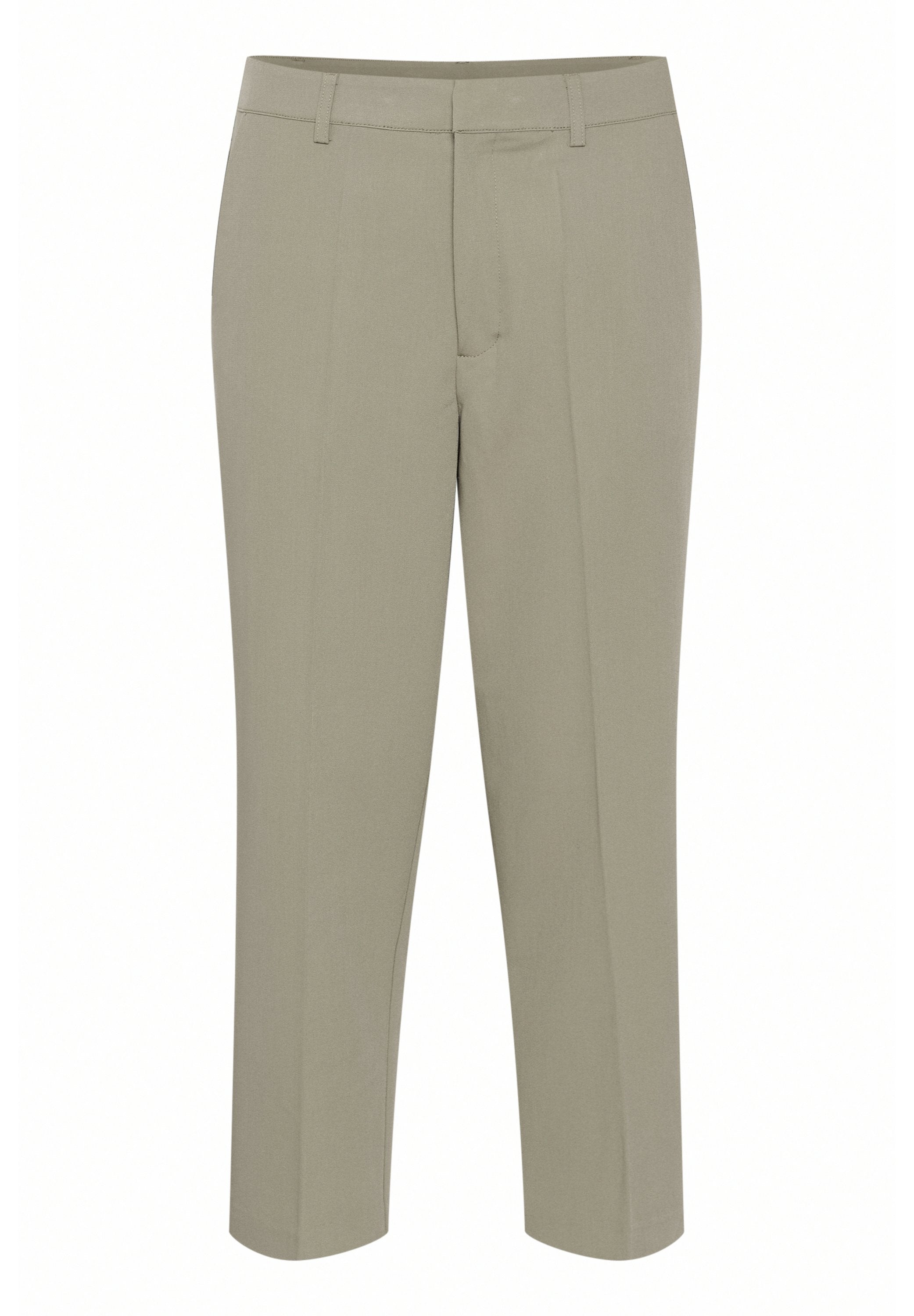 Olivgrüne Hose aus glattem Stoff, mit einem taillierten Schnitt, flachem Bund, geraden Beinen und Gürtelschlaufen.
