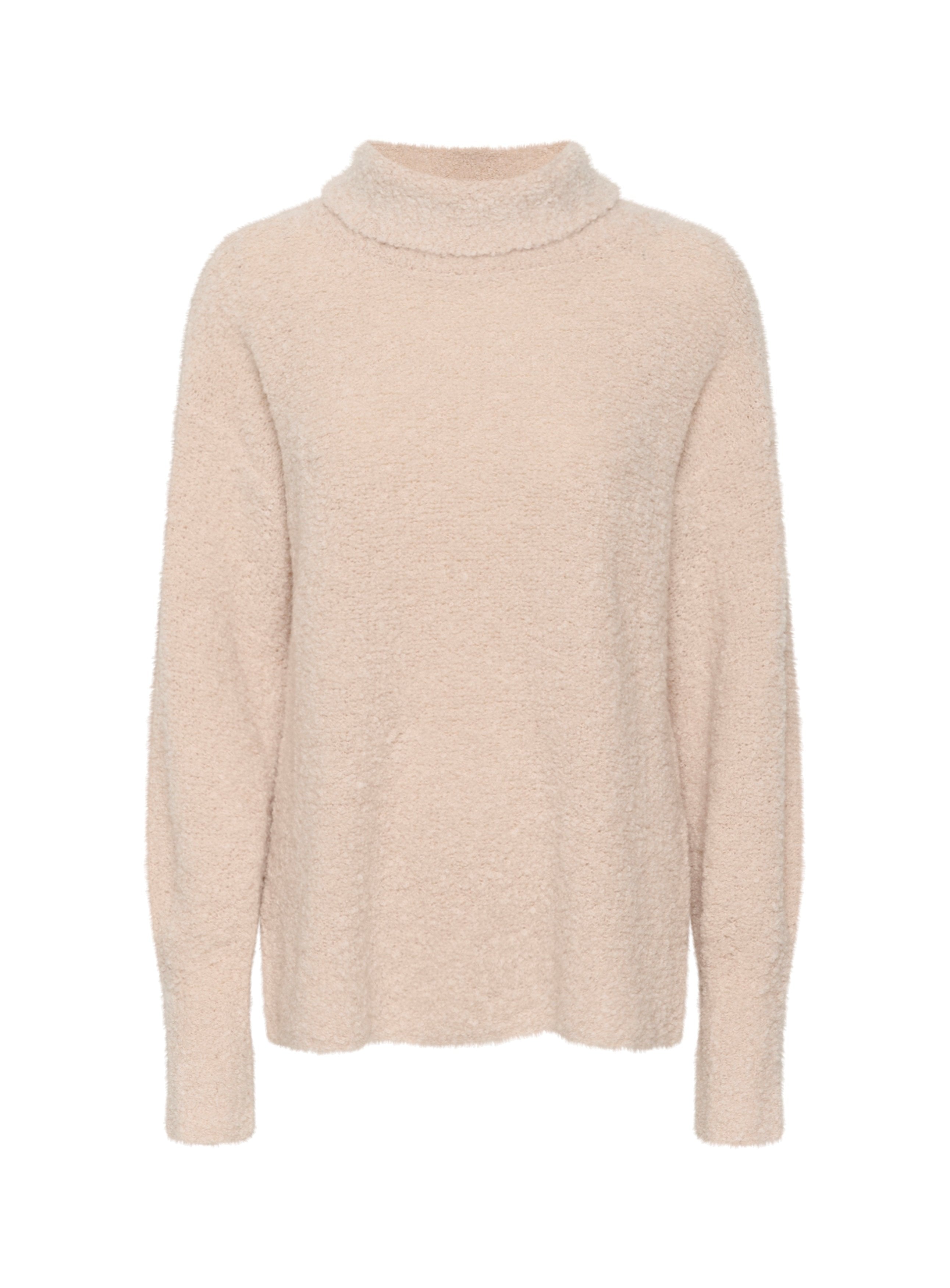 Hellrosa, strukturiertes Sweater mit hohem Kragen, langen Ärmeln und lockerer Passform. Hergestellt aus weichem, flauschigem Material für zusätzlichen Komfort.