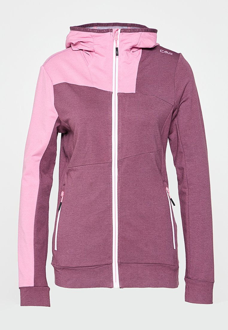 Kapuzensweatjacke mit Reißverschluss, hell- und dunkelrosa Einsätzen, Reißverschlusstaschen vorne und kleinem Logo auf der rechten Schulter.
